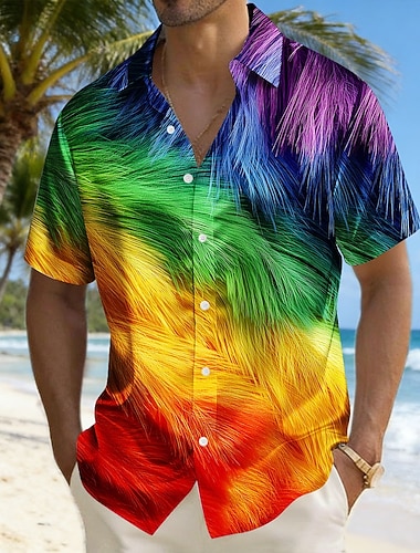  Herren Bunt Regenbogen Federn Hemd Satinhemd Kleidhemd Kurzarm Modisch lässig Täglich Outdoor Urlaub Sommer Frühling Umlegekragen 3D-Druck Hemden mit Knopfleiste Blau Orange Grün
