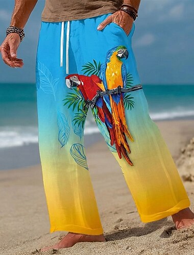  Voor heren dier Kokosnootboom Papegaai Broek Vrijetijdsbroek Wijde broek Medium Taille Hawaii Buiten Vakantie Strand Kleding Elastische tailleband met trekkoord Linnen broek met zakken Zomer Lente