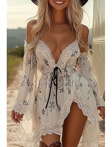  Dames Mini-jurk Boho-jurk Westerse kleding Modieus Dagelijks Vakantie Uitgaan Normale pasvorm Bloem Lange mouw V-hals Wit Zomer