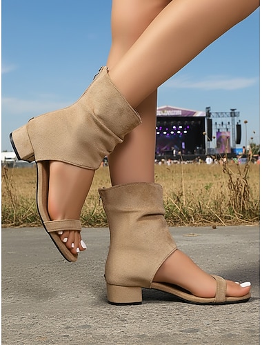  Damessandalen in suède-look in een beige tint - comfortabele gladiatorsandalen met lage blokhak en open neus, chique bohemian zomerschoenen voor openluchtmuziekfestivals en concerten. &woestijnraves