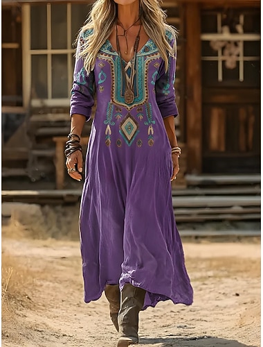  Damen Maxi Kleid Boho Sommerkleid Shift Kleid Casual Party Reguläre Passform Grafik Paisley Tribal Langarm V-Ausschnitt Rot Lila Beige Sommer Frühling