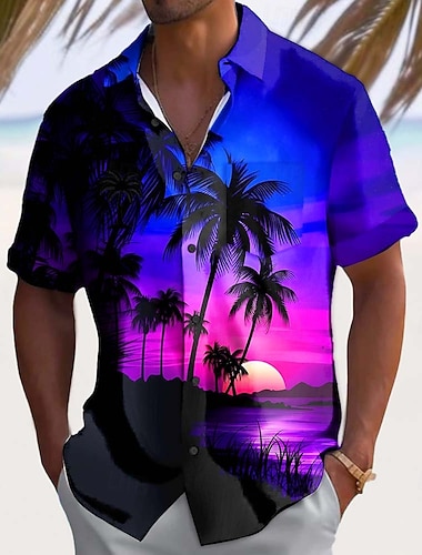  Herren Kokospalme Natur & Landschaft Tropische Pflanzen Sommer Hawaiihemd Knopfhemd Alohahemd Kurzarm Hawaiianisch Lässig Urlaub Sommer Frühling Umlegekragen 3D-Druck Hemden mit Kragen Eine Tasche