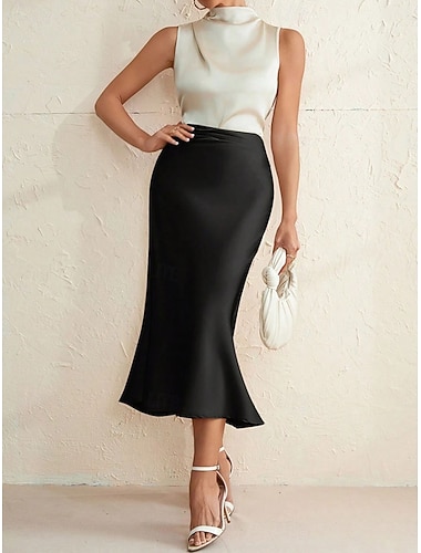  Damen Satinröcke Elegant Vintage Mode Lässig Midi Hohe Taille Röcke Einfach Gerafft Patchwork Unelastisch Täglich Party Marineblau Schwarz Rosa Rote Sommer Spandex Satin