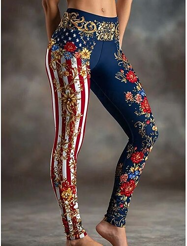  Onafhankelijkheidsdag Patriottische Vrouwen Leggings Vakantie Vintage Etnische Stijl Volledige Lengte Hoge Taille Broeken Bloemige Grafische Nationale Vlag 3D Print Comfort Sneldrogend Ademend