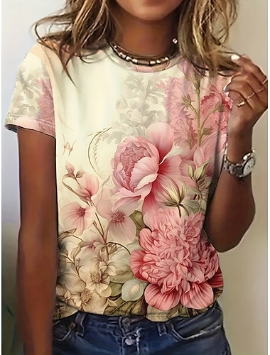  Femmes T-shirt Imprimé Fleuri Graphique Plantes ancien Élégant Classique Manche Courte Col ras du cou Hauts Réguliers Quotidien Week-end Bleu Rose Claire Rouge Beige Été Printemps Automne Hiver