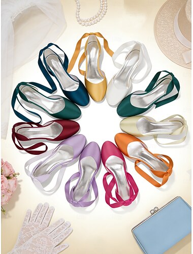  Flerfargede flate sko i sateng med ankelknyting til dame, elegante brudepikesko med spiss tå til utendørs bryllup på plenen