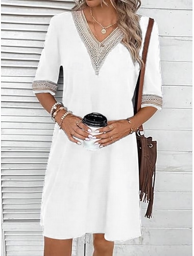  Damen Knielanges Kleid Weißes Kleid Mode Modern Outdoor Urlaub Ausgehen Lässiger Schnitt Einfach Halbarm V Ausschnitt Blau Schwarz Weiß Orange Sommer Frühling