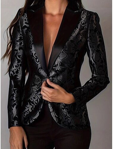  Mulheres Blazer Confortável Botões Moda Casual Floral Festa Formal Roupa Diária Para Noite Padrão Aberto para a Lateral Normal Manga Longa agasalhos Preto Primavera Outono