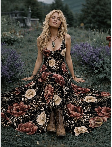  Damen Midikleid Boho-Kleid Freizeitkleid Schwingkleid Sommerkleid Vintage Strand Normale Passform Blumen Grafik Ärmellos Rundhalsausschnitt Blau Schwarz Gelb Rosa Sommer Frühling