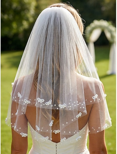  velo da sposa in tulle di poliestere da donna con dettagli a farfalla e perle, elegante design a strati, leggero e morbido, perfetto per spose, matrimoni, ricevimenti e feste formali