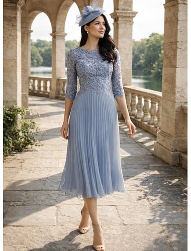  فستان حفلة بطول الشاي على شكل عمود فستان كوكتيل فستان ضيف الزفاف فستان أم العروس بأكمام طويلة بطول 3/4 عنق دائري أنيق قديم زفاف بسيط مع دانتيل بلون صلب