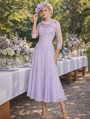  Футляр Ниже колена Платье для вечеринки Коктейльные платья Свадебное платье для гостей Платье для матери невесты Рукав 3/4 Совок шеи Для вечеринки Милая Свадебный гость Полуформальный Шифон Кружева с