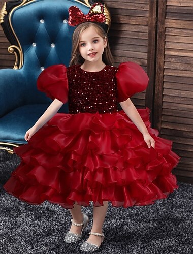  فستان حاملات الأزهار للفتيات الزي الرسمي ملابس الزفاف مناسب للحفلات زفاف رسمي أميرة ترتر شبكة لون الصلبة كم قصير رقبة العمل أزرق أسود 4 سنوات +