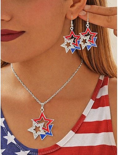  250. Jahrestag der Vereinigten Staaten Frauen Patriotisches Stern Schmuckset Legierung Halskette  Ohrringe mit rot-weiß-blauem Kristalldesign Paraden  Feiertagsfeiern