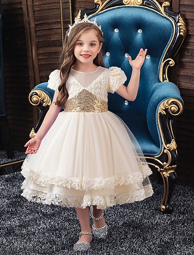  Šaty pro květinovou družičku Dívčí Formální šaty Svatební Oblečení Párty Svatební Formální Rozkošný Princeznovské Krásná Slátanina Síťka Pevná barva Krátký rukáv Tričkový Vodní modrá Šampaňská 4 roky