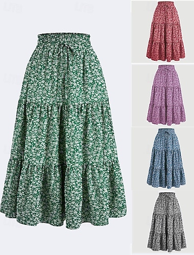  Damen Elegant Mode Lässig Maxi Mittlere Hüfthöhe Röcke Blumen Gerafft Kordelzug Mikroelastisch Straße Ausgehen Blau Schwarz Gelb Rote Sommer Polyester