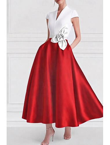  A-Linie Knöchellänge Cocktailkleider Partykleider Elegant Farbblock seidig Kurzarm V Ausschnitt Hochzeit Formell Tasche Satin mit Tasche