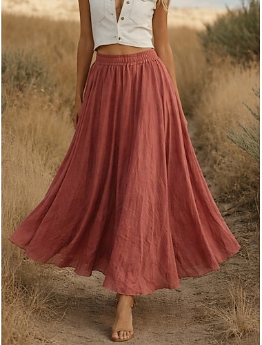  Damen-Urlaubsrock aus Baumwoll-Leinen-Imitat im Boho-Vintage-Stil, lässig, Maxirock mit hohem Bund, schlicht, elastischer Bund, fließend, dehnbar, für Strand und Freizeit, in Blau, Hellrosa, Dunkelrosa, Schwarz, Sommer, aus Baumwolle und Leinen