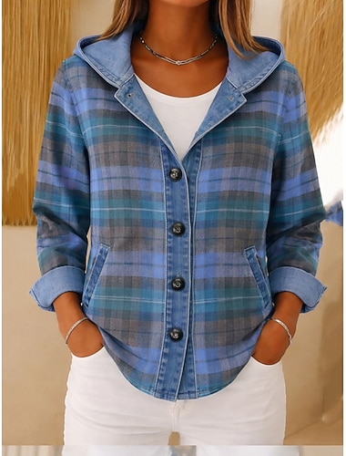  Dame Uformell jakke Hettegenser Hold Varm Bekvem Glidelås Lomme Knapper Fritid Ruter Avslappet utendørs Feriereise Ut på byen Normal Med hette Løstsittende Langermet Yttertøy Grønn Høst Vinter