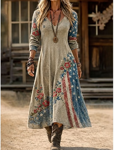  Unabhängigkeitstag Patriotisches Damen Midi Kleid Vintage Kleid Lässiges Kleid Vintage Reguläre Passform Floral Grafisch Flagge Langarm V-Ausschnitt Khaki Sommer Frühling