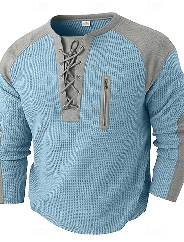  Herren Waffel T-Shirt T Shirt Langarm Rundhals Schnürhals Herbst Herbst Winter Einfarbig Farbblock Traditionell / Vintage Lässig Kordelzug Heim Outdoor Sport & Outdoor Hellblau Schwarz Weiß Top