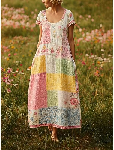  Damskie Sukienka maxi Sukienka Boho Codzienne sukienki Zabytkowe Codzienny Na zewnątrz Plaża Luźna Kwiaty Krótki rękaw Dekolt w kształcie litery U Żółty Lato Wiosna