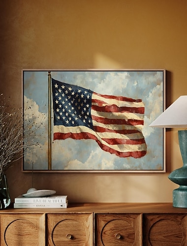  Amerikansk Flag Canvas Veggkunst | Patriotisk USA Stjerner og Striper Maleri med Rustikke Penselstrøk | Fjerdedags Militær Veteran Dekor