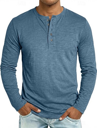  Męskie Koszula Henley Koszulki Koszulka 100% bawełny Długi rękaw Jednokolorowe Równina Jeden kolor Moda Designerskie Codzienny Guziki Gładkie Henley Codzienny Na zewnątrz Lato Wiosna Jesień Czarny
