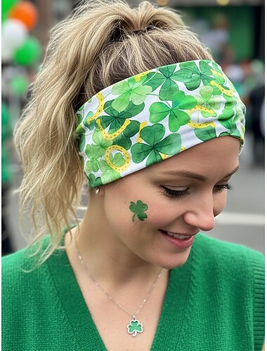  Fascia per capelli da donna in poliestere stampato, fascia per capelli con motivo multi-fantasia a trifoglio per San Patrizio, elastica e traspirante, stile festival per celebrazioni festive, sfilate e abbigliamento casual