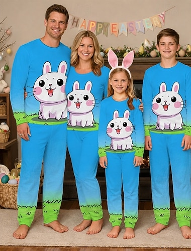  משפחה פסחא פיג'מות גראפי אַרנֶבֶת קזו'אל דפוס פול שרוול ארוך חופשה תלבושות תואמות