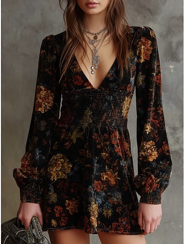  Damen Minikleid Freizeitkleid Blumenkleid Elegant Mode Modern Outdoor Urlaub Ausgehen Normale Passform Blumen Kurzarm V Ausschnitt Schwarz Frühling Herbst