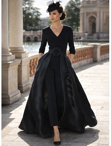  Buksedrakt Sweep Børste train Kjole til brudens mor 3/4 ermer V-hals Elegant Enkel Liten svart kjole Bryllupsgjest Formell kveld Stretchstoff med Ensfarget