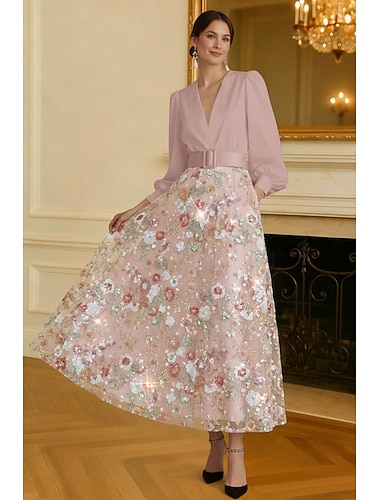  Linea ad A Lunghezza alla caviglia Lunghezza Tè Perline ricamate Abito Formale Abito da madre della sposa Abiti da Cocktail Abiti da festa Abiti per invitati a matrimoni Elegante Stile Celebrit