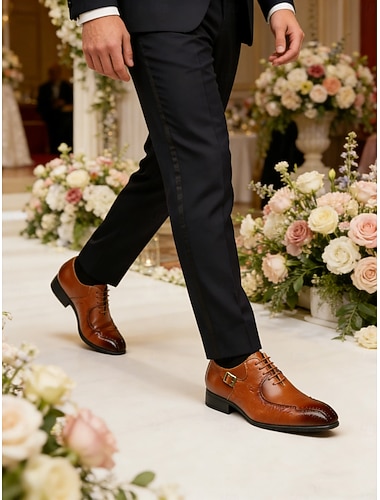  Luxe gepolijste bruine imitatieleren Oxfords voor heren met reliëfbloemenpatroon - perfect voor formele gelegenheden en zakelijke bijeenkomsten