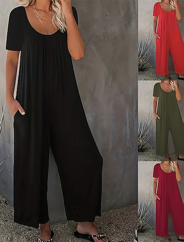  Damen Overall Aktiv Einfarbig Kurzarm Weites Bein Rundhalsausschnitt Tasche Täglich Urlaub Lässiger Schnitt Schwarz Wein Rote Sommer