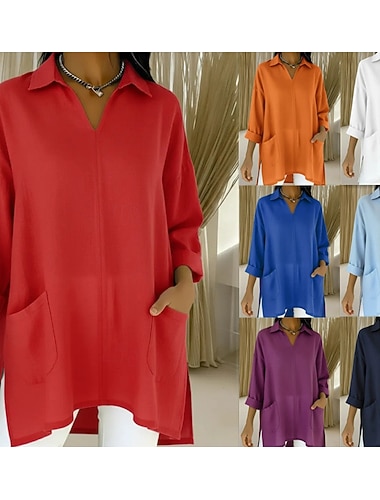  Dámské Tunika Bavlněná košile Imitace bavlny a lnu Kapsy Pevná barva Elegantní Aktivní Denní Dlouhý rukáv Košilový límec Běžné topy Denní Práce Dovolená Vodní modrá Bílá Fialová Námořnická mod