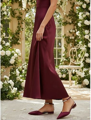  Vínové balerínky s páskem na zádech pro družičky – špičaté svatební boty na nízkém podpatku, saténové lodičky d'orsay s krystalovým páskem na kotníku pro svatební hostinu, hostinu, maturitní ples a formální události