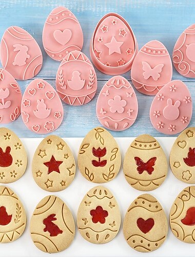  Oster-Ausstechformen-Set, 10-teilig, Ausstechformen-Set in Form von Ostereiern mit Stempel, Küchenhelfer, Keksstempel aus Kunststoff