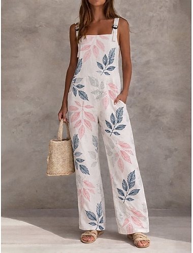  Frauen 100% Baumwolle Latzhosen Aktive Blumendruck Ärmelos Ärmellos Weite Beine Quadrat-Ausschnitt mit Tasche Täglicher Strand Lockerer Schnitt Blau Weiß Orange Sommer