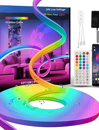  LED neon rgb+ic lys, LED-lys med fjernkontroll &Appkontroll, fleksibel ip65 vanntett utendørs, musikksynkronisering, DIY-design, 24v LED-stripelys for veggdekor i stue med spilling