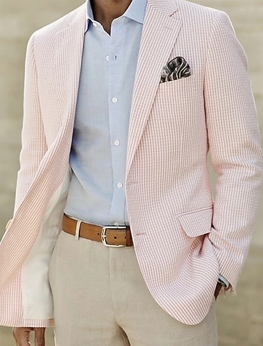  Homme Veste blazer Col cranté Léger Occasionnel Rayé Blazer en seersucker Rose Claire Bleu Ciel Vert Sauge Coupe sur mesure à boutonnage simple à 2 boutons