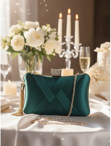  Dame Kobling Evening Bag Håndleddveske Clutch vesker Silke Fest Utdrikningslag Ferie Dusk Kjede Stor kapasitet Lettvekt Holdbar Helfarge Svart Blå Lilla
