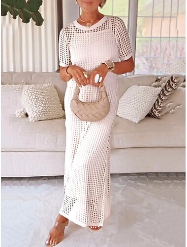  Damen Langes Kleid Maxikleid Cut-out-Kleider Sommerkleid Elegant Mode Modern Outdoor Urlaub Ausgehen Normale Passform Einfach Kurzarm Rundhalsausschnitt Schwarz Weiß Rosa Purpur Sommer Frühling
