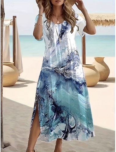  Dam Maxiklänning T shirtklänning A linjeklänning Sommarklänning Semester Ledigt Strand Utekväll Normal Nyans Grafisk Landskap Kortärmad Rund halsringning Blå Sommar Vår