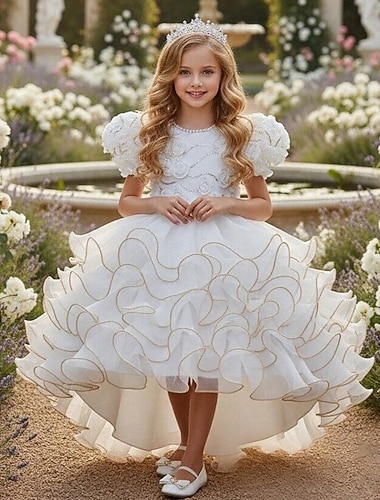  Abito da damigella d'onore bambina Ragazze Abito formale Abiti da sposa Feste Matrimonio Formale Moda Formale Principessa Abito per la Prima Comunione Rete Tinta unica Manica Corta Girocollo Bianco