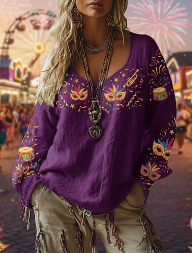  Farsang Mardi gras Női Boho póló Póló Tee Top Nyomtatott Grafika Szüret Stílusos Etno Hosszú ujj V-alakú Normál felsők Napi Hétvége Nyaralási viselet Bíbor Ibolya Tavasz Ősz