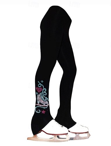  kunstschaatsbroek voor dames en meisjes, schaatsbroek in zwart, roze en blauw, elastisch, geschikt voor training en wedstrijden, thermisch, warm, met kristallen/strass-steentjes, voor kunstschaatsen.