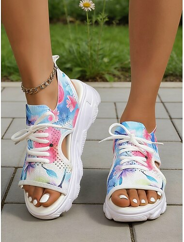  naisten värikkäät kukkakuvioiset platform-sandaalit - nauhoitetut avokärkiset lenkkarisandaalit kesäretkille, kävelyyn ja rentoon lomailuun