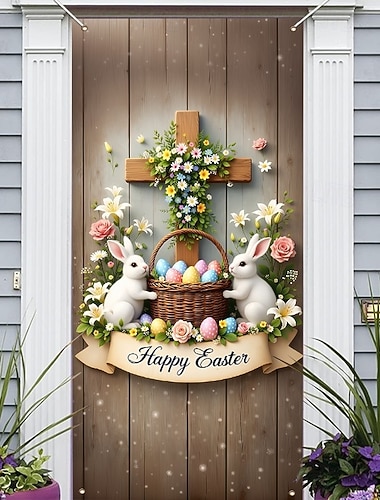  Enfeite de porta em forma de cruz de Páscoa, coelhinho com cesta de ovos e a mensagem "Feliz Páscoa", decoração encantadora para a primavera, perfeita para a porta de Páscoa e decoração externa.