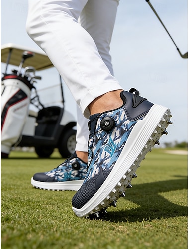  Herre blå blomstrete golfsko, pustende overdel med stilig design, støtdempende såle, avslappet atletisk stil for golf og fritidsbruk